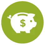 a green circle with a white piggy bank and a dollar sign