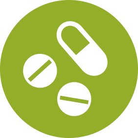 a green circle with white pills and capsules